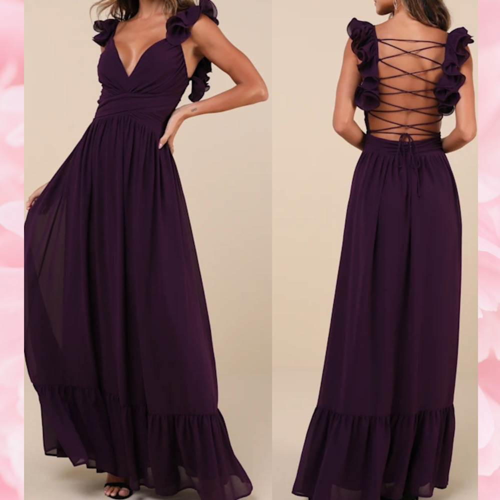 LULU'S M Soiree Celebration Purple Ruffled Lace-Up Backless Maxi Dress NEW 0B1